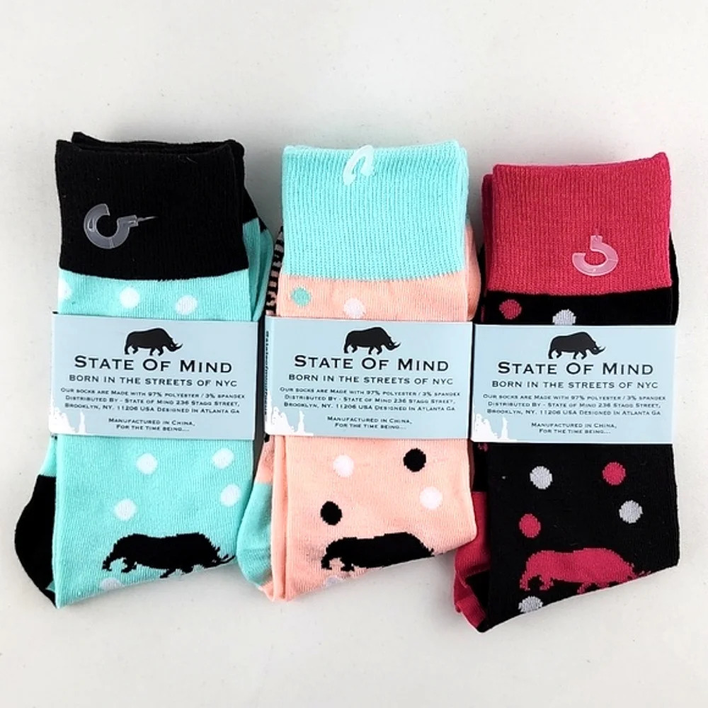 State Of Mind 3 Pairs Unisex "Unapologetic" Crew Socks Pink Blue Peach